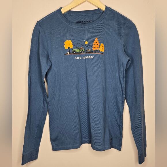 LIFE IS GOOD Longsleeve Blue Fall Pumpkins Mountains Pick Up Truck Tshirt Small - Picture 1 of 7